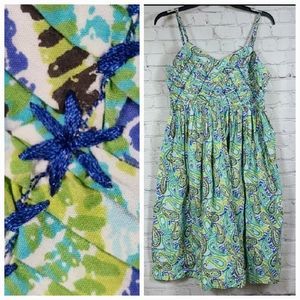 Madison Green Paisley Pintuck Embroidered Pleated Sleeveless Strappy Cami Dress